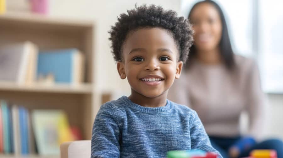 Boy with autism sits in his house where he receives in-home ABA services.