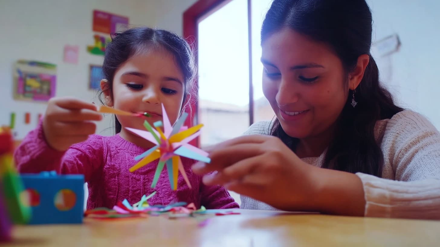 Child with autism creates a paper star as part of her in-home ABA therapy with caregiver support.